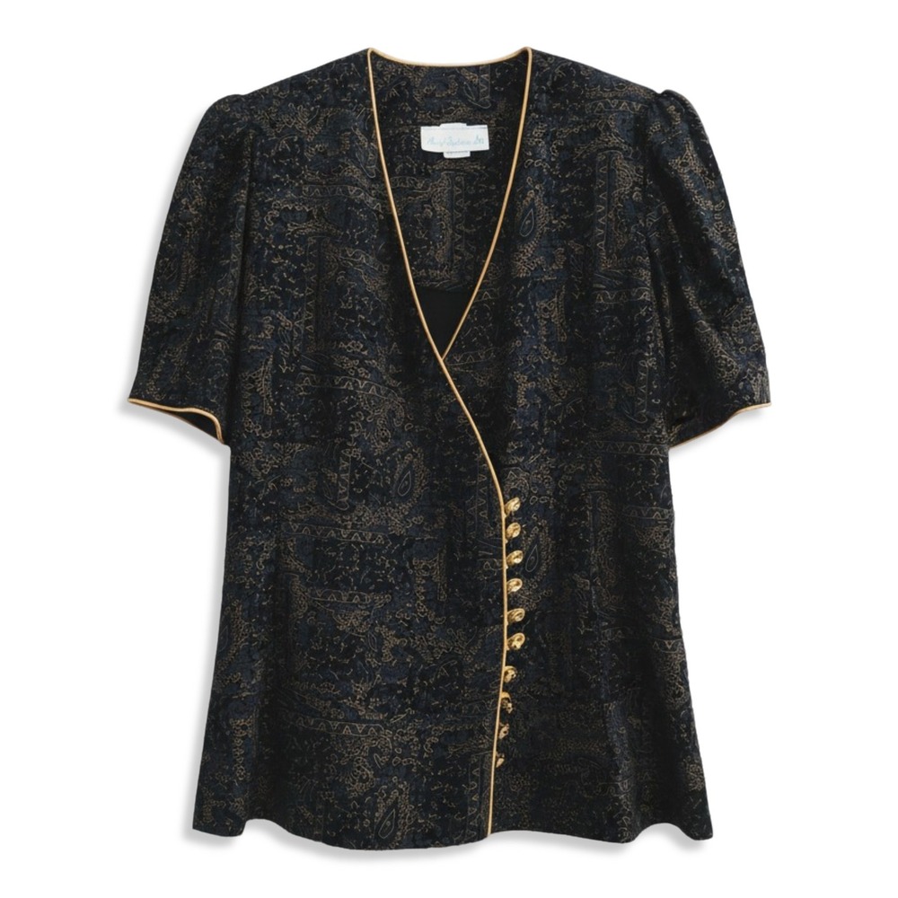 Vintage 80s 90s Meryl Fashions Ltd Blouse Womens 12 Black Gold Goth Regencycore